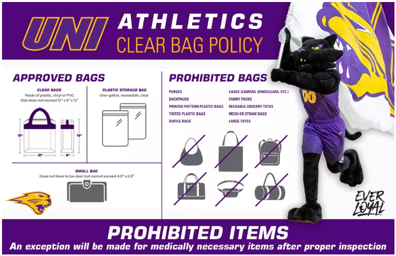 Clear bags made of plastic, vinyl or PVC that do not exceed a 12 x 6 x 12 inch size will be permitted, as well as one-gallon, resealable, clear plastic storage bags. Small bags that are not clear but do not exceed a size 4.5 x 6.5 inches will also be allowed. Prohibited bags include purses, backpacks, printed pattern plastic bags, tinted plastic bags, duffle bags, fanny packs, reusable grocery totes, mesh or straw bags, large totes and cases (for camera, binoculars, etc.).  An exception may be made for some prohibited items for medical necessity after proper inspection at the gate.