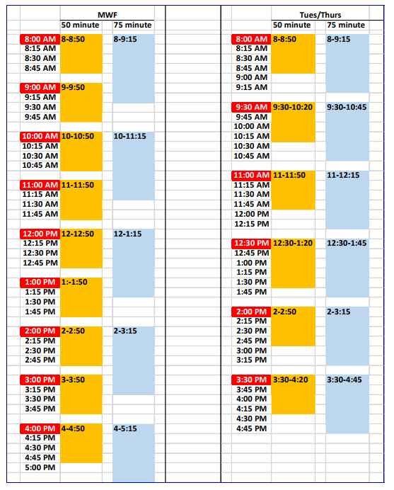 Schedule of Standard Class Meeting Times